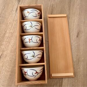 Koransha Orchid Japanese Teacup Tea Cups Bowls 5 PCs Set Arita Ware NIB Wood Box
